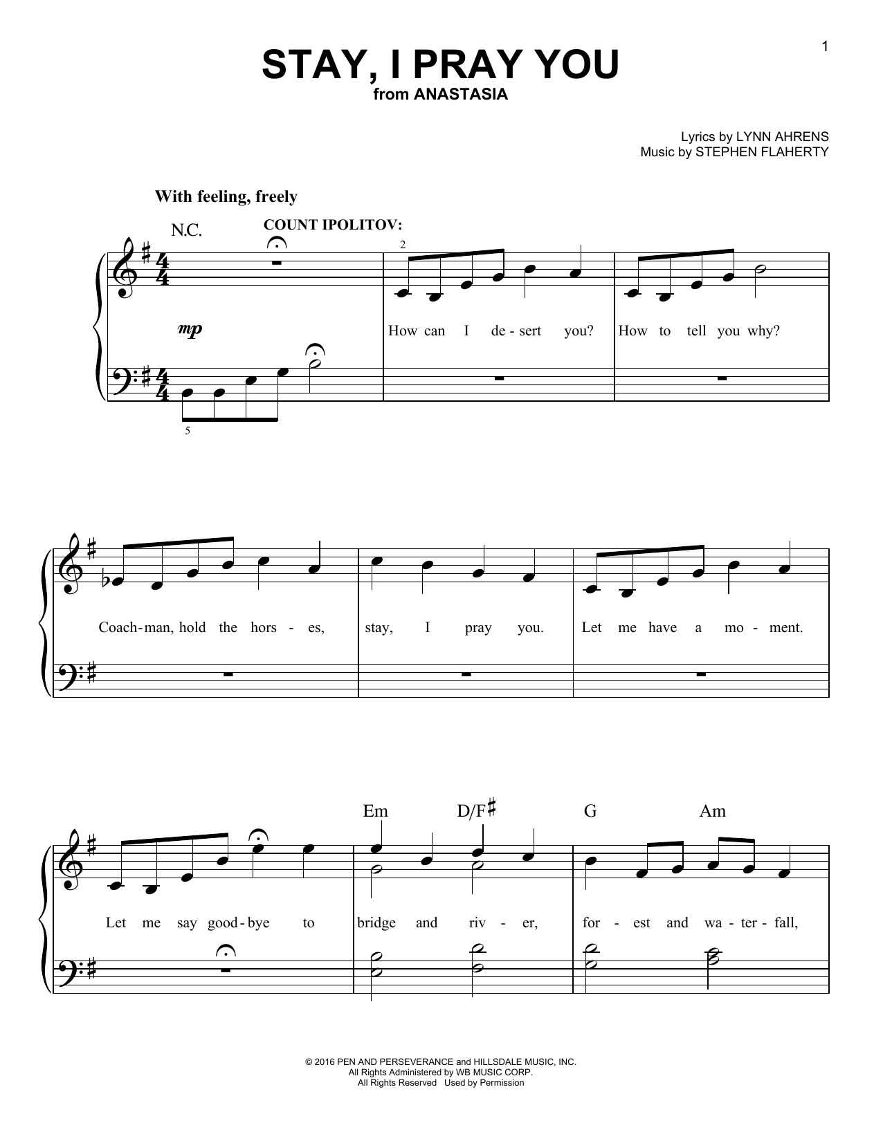 Stephen Flaherty Stay, I Pray You (from Anastasia) sheet music notes and chords. Download Printable PDF.