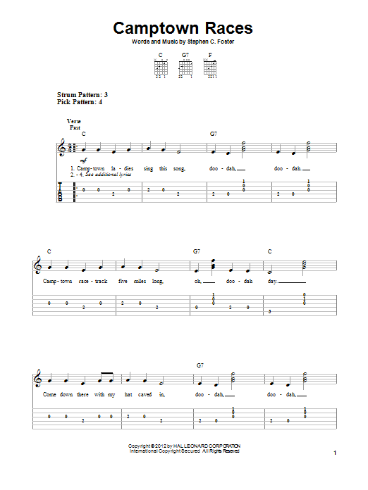 Stephen Foster Camptown Races sheet music notes and chords. Download Printable PDF.