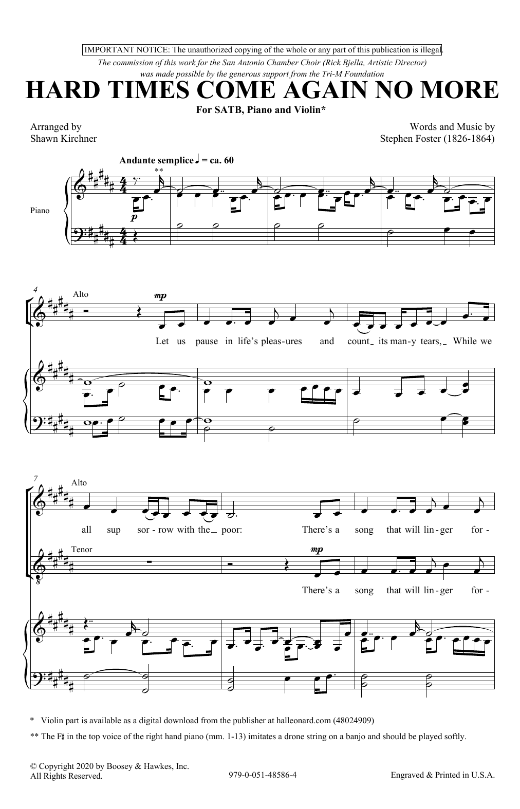 Learn to play Stephen Foster Hard Times Come Again No More (arr. Shawn Kirchner) sheet music for SATB Choir in minutes. Price: 3.9900$ Stephen Foster Hard Times Come Again No More (arr. Shawn Kirchner) sheet music notes and chords arranged for SATB Choir