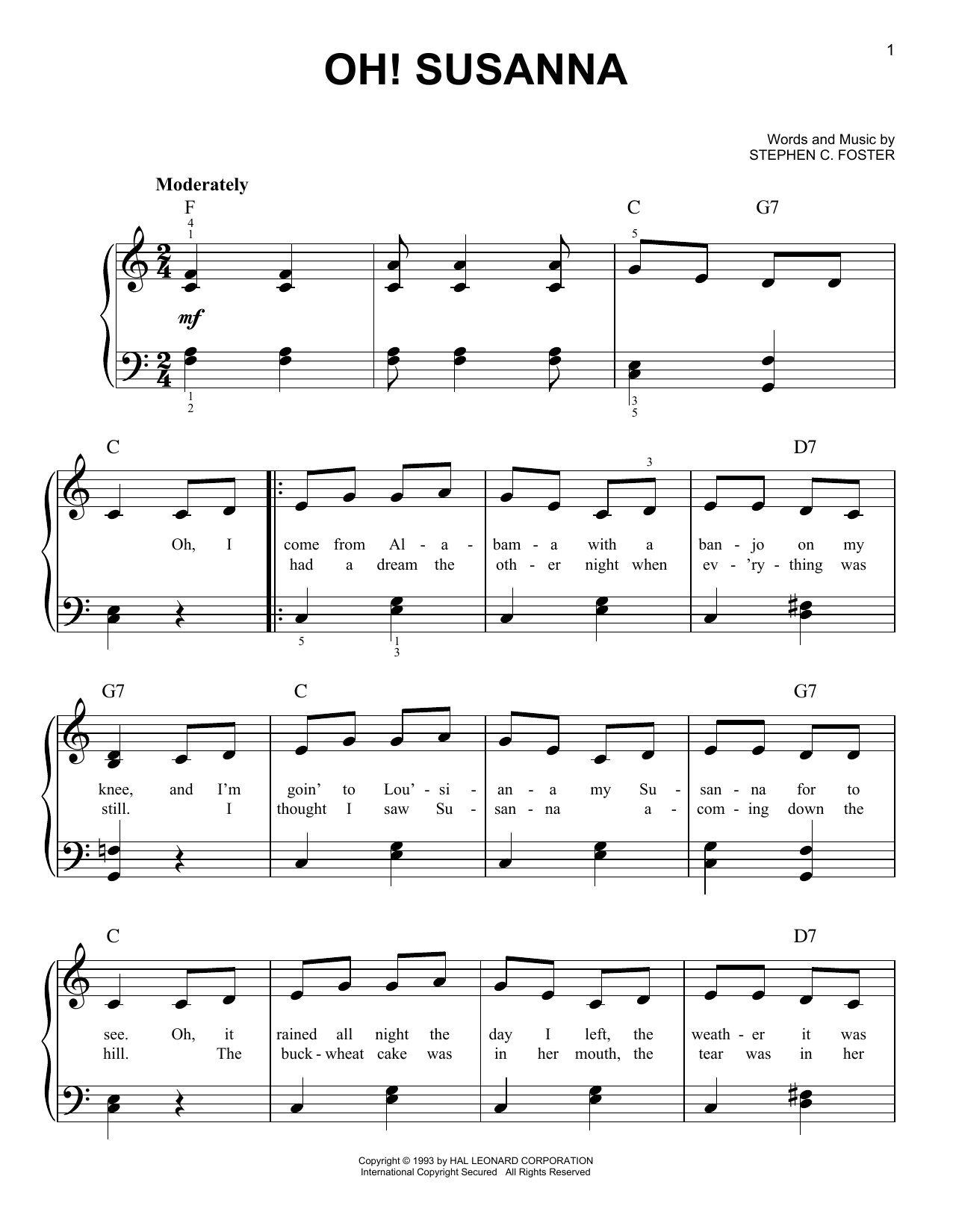 Stephen Foster Oh! Susanna sheet music notes and chords. Download Printable PDF.