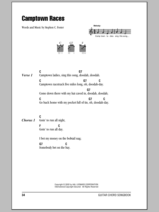 Stephen Foster The Camptown Races sheet music notes and chords. Download Printable PDF.