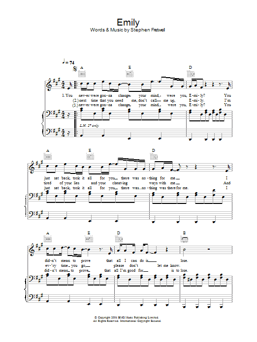 Learn to play Stephen Fretwell Emily sheet music for Piano, Vocal & Guitar Chords in minutes. Price: 7.8900$ Stephen Fretwell Emily sheet music notes and chords arranged for Piano, Vocal & Guitar Chords