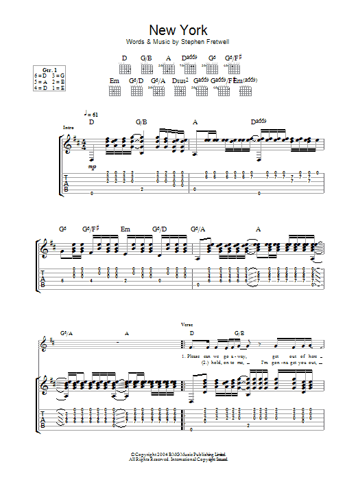 Learn to play Stephen Fretwell New York sheet music for Guitar Tab in minutes. Price: 7.8900$ Stephen Fretwell New York sheet music notes and chords arranged for Guitar Tab