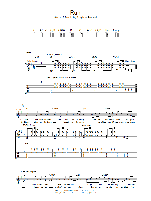 Learn to play Stephen Fretwell Run sheet music for Guitar Tab in minutes. Price: 7.8900$ Stephen Fretwell Run sheet music notes and chords arranged for Guitar Tab