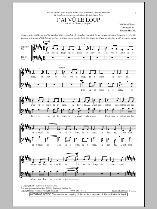 Learn to play Stephen Hatfield J'ai Vu Le Loup sheet music for SATB Choir in minutes. Price: 3.9900$ Stephen Hatfield J'ai Vu Le Loup sheet music notes and chords arranged for SATB Choir