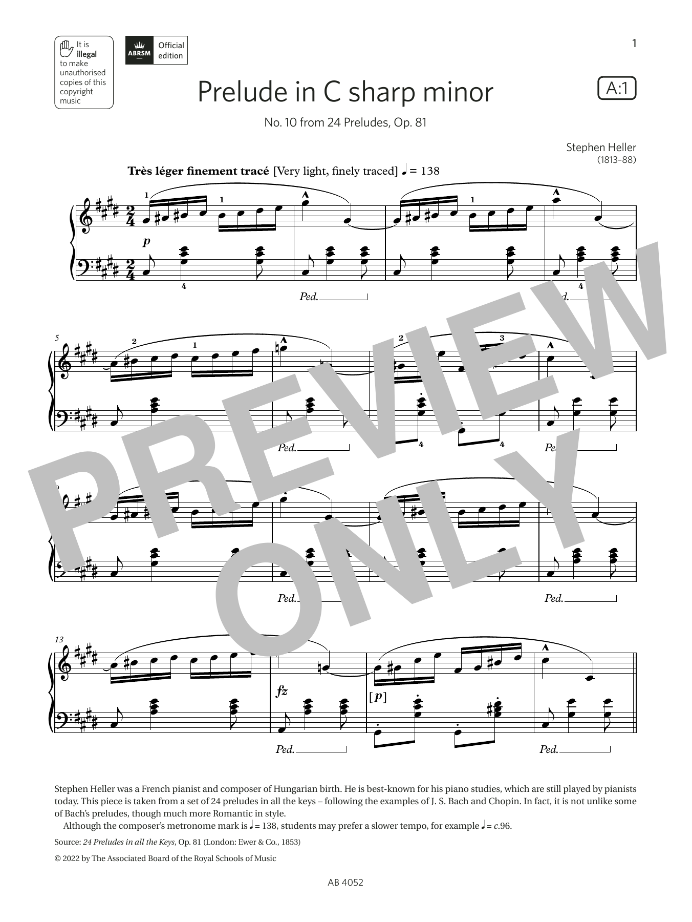 Stephen Heller Prelude in C sharp minor (Grade 6, list A1, from the ABRSM Piano Syllabus 2023 & 2024) sheet music notes and chords. Download Printable PDF.