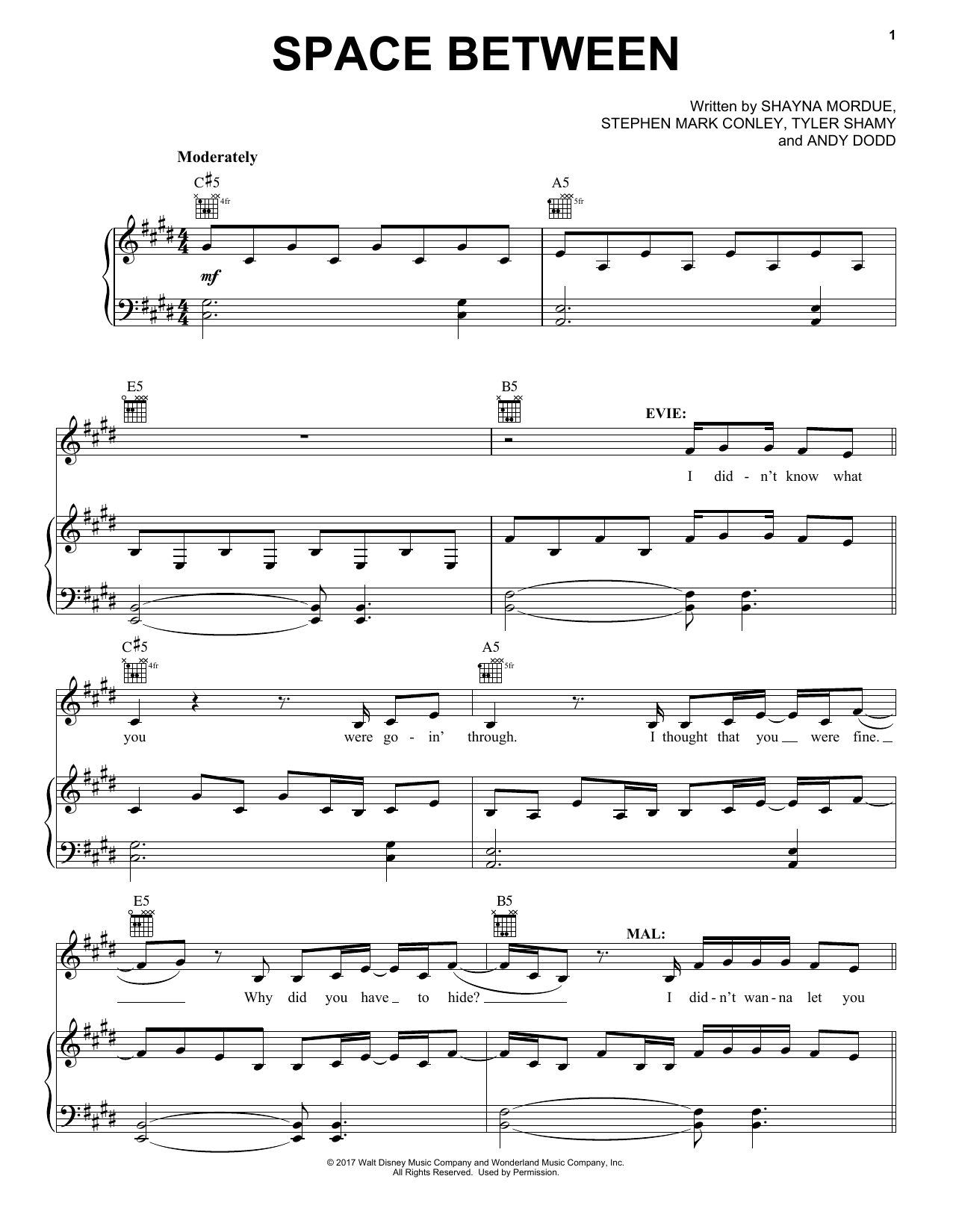 Stephen Mark Conley Space Between (from Disney's Descendants 2) sheet music notes and chords arranged for Piano, Vocal & Guitar Chords (Right-Hand Melody)