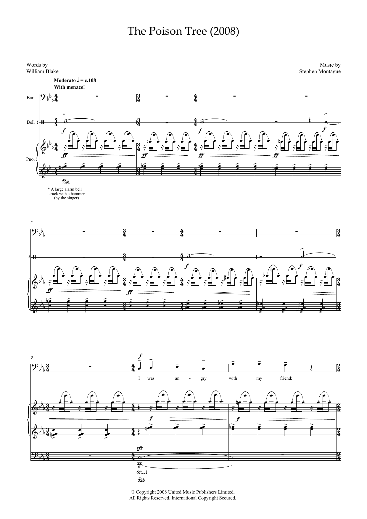 Stephen Montague The Poison Tree (for baritone, piano & bell) sheet music notes and chords arranged for Piano & Vocal