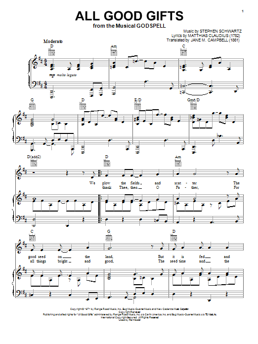 Stephen Schwartz All Good Gifts (from Godspell) sheet music notes and chords. Download Printable PDF.