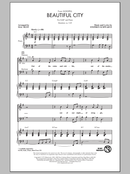 Learn to play Stephen Schwartz Beautiful City (from Godspell) (arr. Mac Huff) sheet music for SAB Choir in minutes. Price: 3.9900$ Stephen Schwartz Beautiful City (from Godspell) (arr. Mac Huff) sheet music notes and chords arranged for SAB Choir