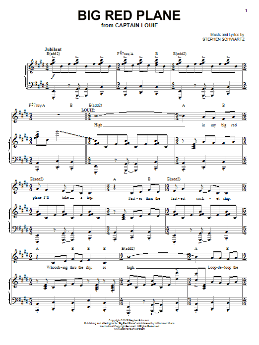 Learn to play Stephen Schwartz Big Red Plane sheet music for Piano, Vocal & Guitar Chords (Right-Hand Melody) in minutes. Price: 7.8900$ Stephen Schwartz Big Red Plane sheet music notes and chords arranged for Piano, Vocal & Guitar Chords (Right-Hand Melody)