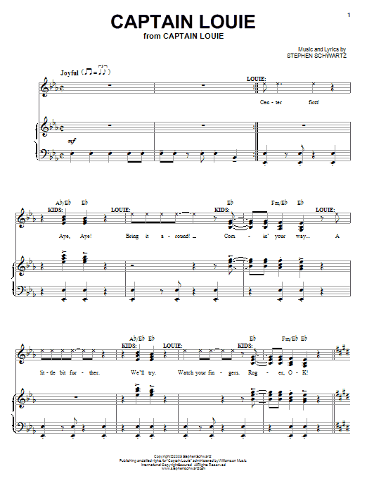 Learn to play Stephen Schwartz Captain Louie sheet music for Piano, Vocal & Guitar Chords (Right-Hand Melody) in minutes. Price: 7.8900$ Stephen Schwartz Captain Louie sheet music notes and chords arranged for Piano, Vocal & Guitar Chords (Right-Hand Melody)