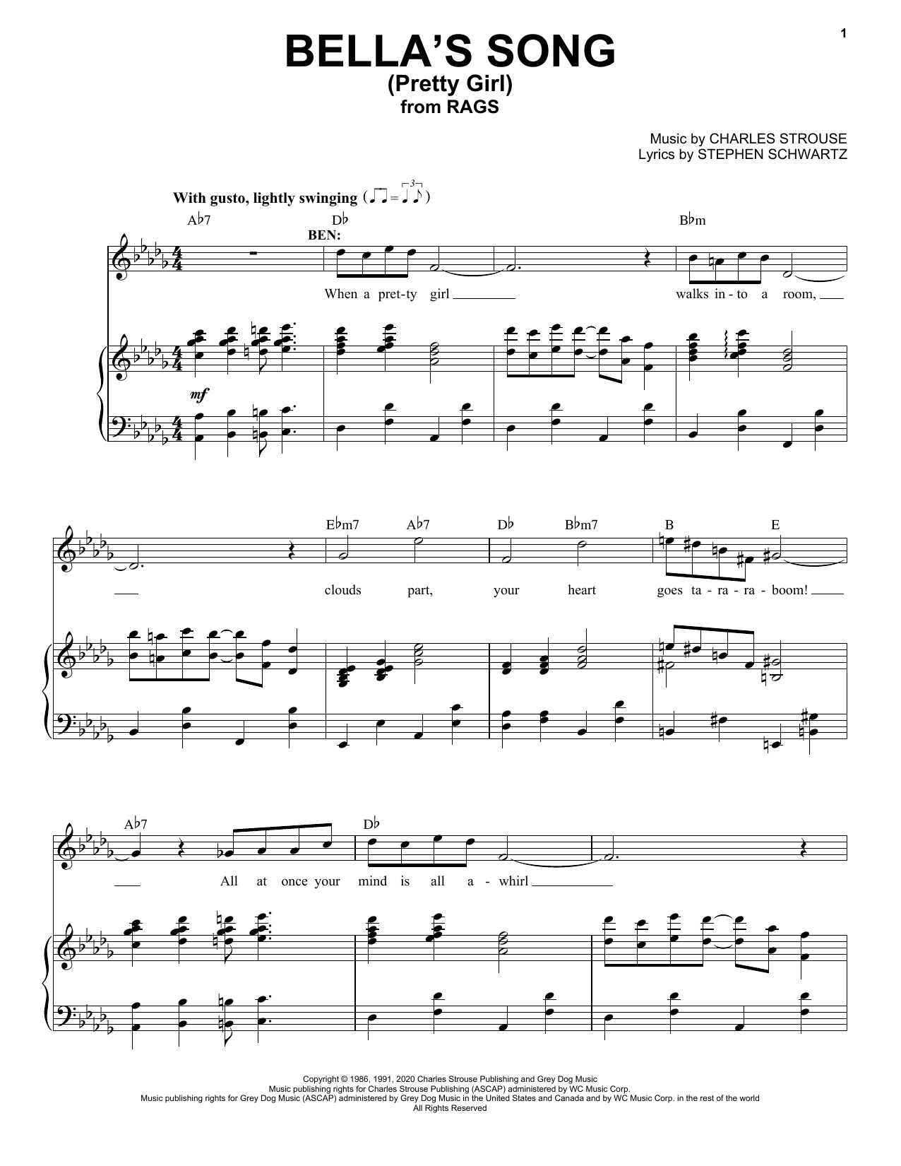 Learn to play Stephen Schwartz & Charles Strouse Bella's Song (Pretty Girl) (from Rags: The Musical) sheet music for Piano & Vocal in minutes. Price: 7.8900$ Stephen Schwartz & Charles Strouse Bella's Song (Pretty Girl) (from Rags: The Musical) sheet music notes and chords arranged for Piano & Vocal