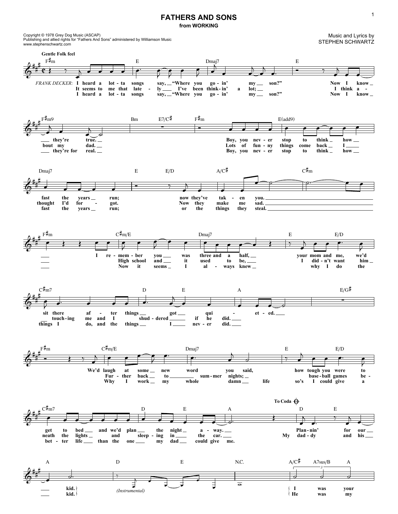 Stephen Schwartz Fathers And Sons sheet music notes and chords. Download Printable PDF.