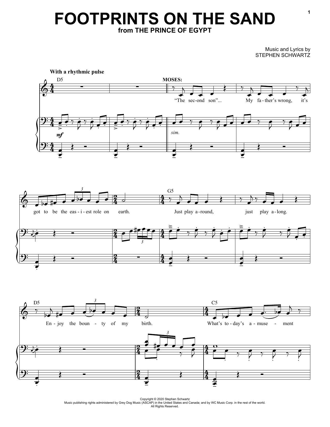 Stephen Schwartz Footprints On The Sand (from The Prince Of Egypt: A New Musical) sheet music notes and chords. Download Printable PDF.