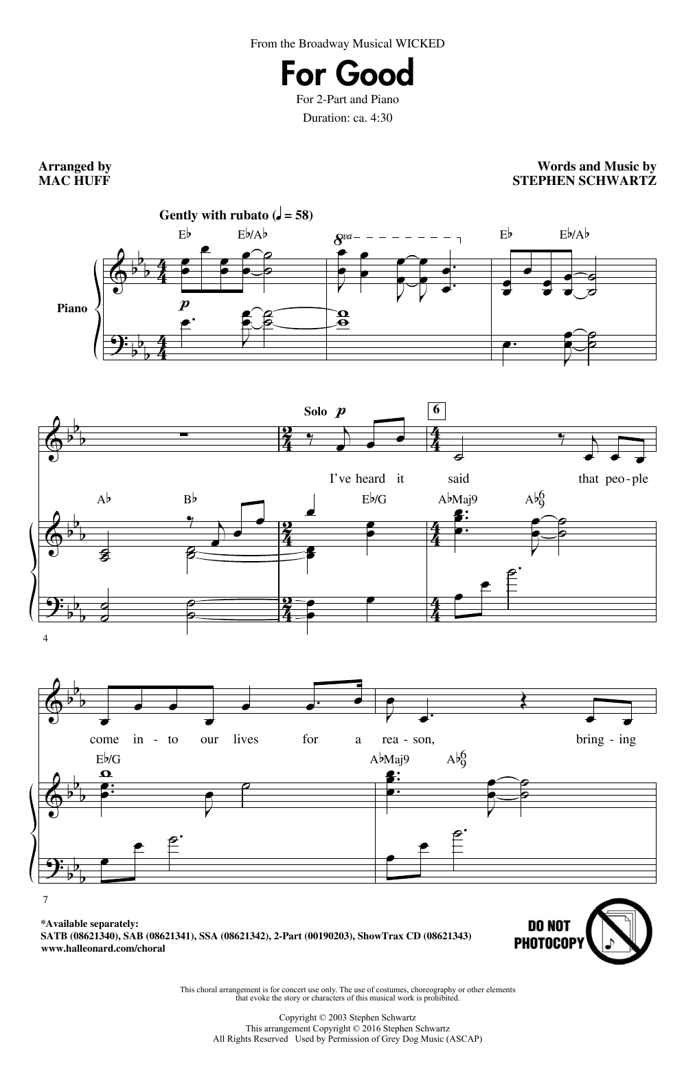 Stephen Schwartz For Good (from Wicked) (arr. Mac Huff) sheet music notes and chords. Download Printable PDF.