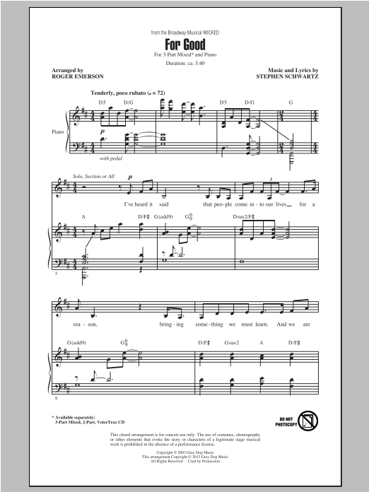 Stephen Schwartz For Good (from Wicked) (arr. Roger Emerson) sheet music notes and chords. Download Printable PDF.