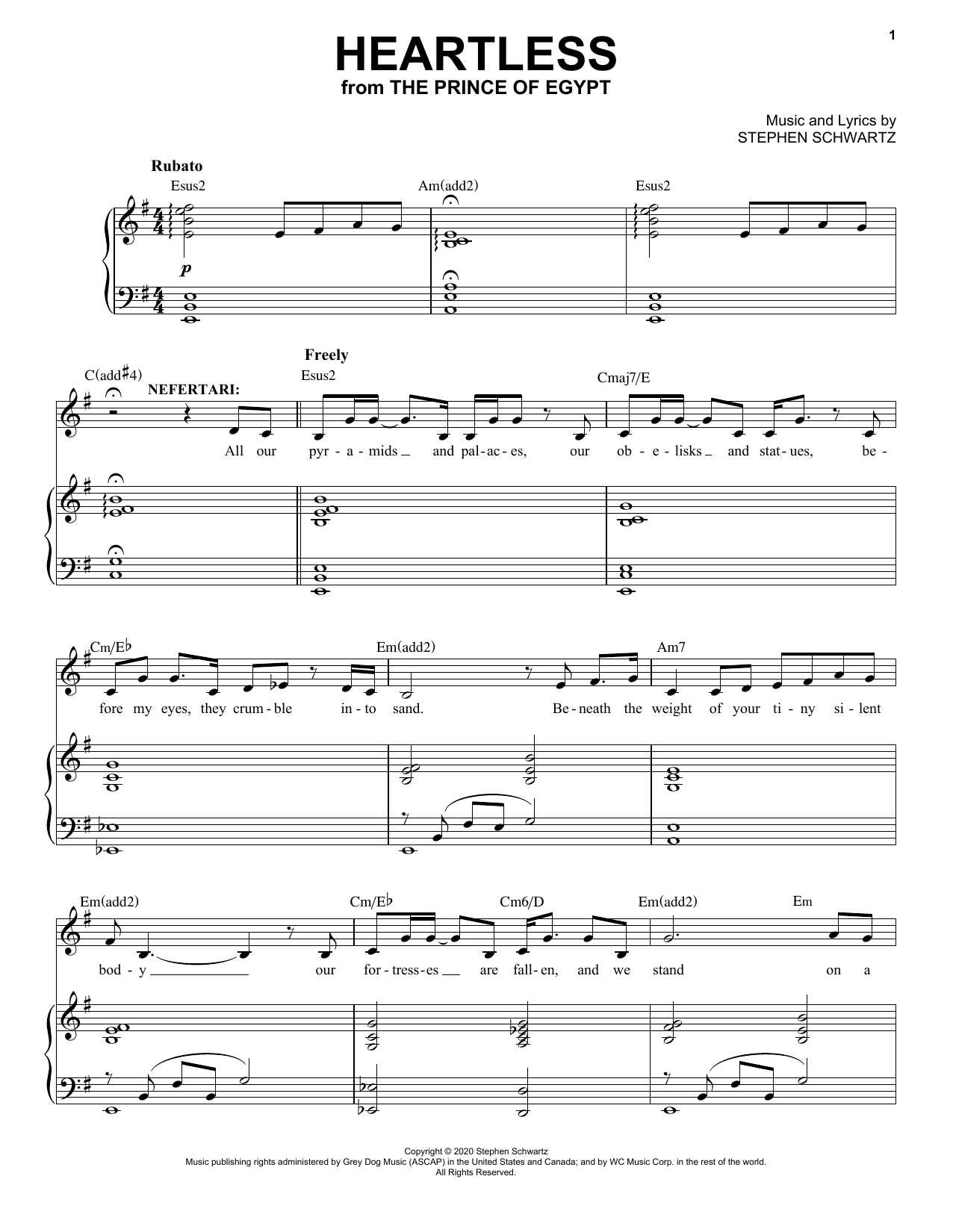 Stephen Schwartz Heartless (from The Prince Of Egypt: A New Musical) sheet music notes and chords. Download Printable PDF.