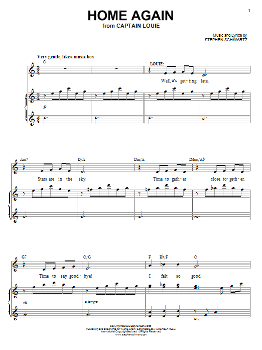 Learn to play Stephen Schwartz Home Again sheet music for Piano, Vocal & Guitar Chords (Right-Hand Melody) in minutes. Price: 7.8900$ Stephen Schwartz Home Again sheet music notes and chords arranged for Piano, Vocal & Guitar Chords (Right-Hand Melody)