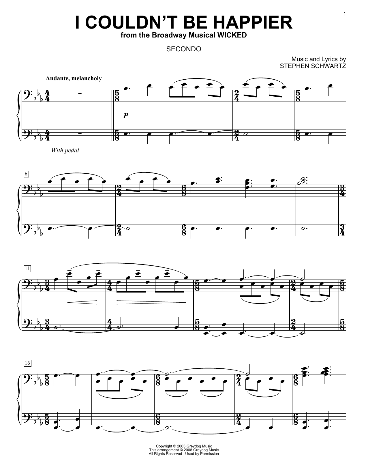 Learn to play Stephen Schwartz I Couldn't Be Happier (from Wicked) (arr. Carol Klose) sheet music for Piano Duet in minutes. Price: 7.8900$ Stephen Schwartz I Couldn't Be Happier (from Wicked) (arr. Carol Klose) sheet music notes and chords arranged for Piano Duet