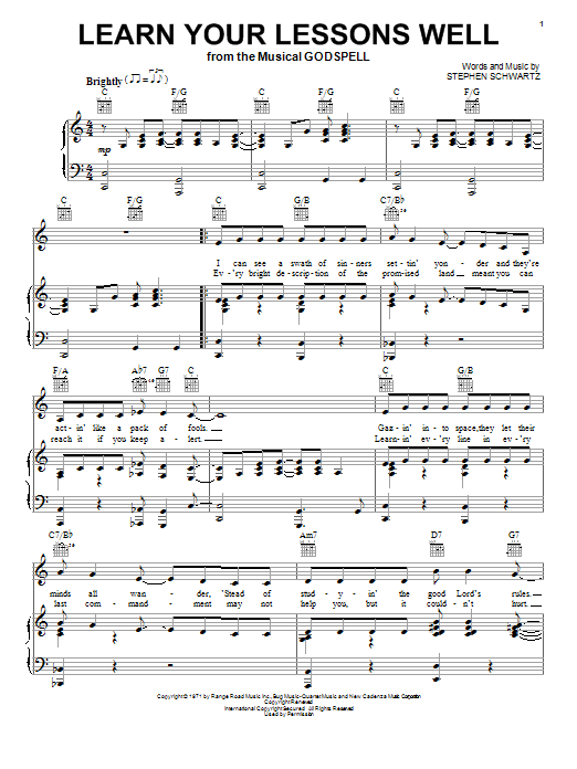 Learn to play Stephen Schwartz Learn Your Lessons Well sheet music for Piano, Vocal & Guitar Chords (Right-Hand Melody) in minutes. Price: 7.8900$ Stephen Schwartz Learn Your Lessons Well sheet music notes and chords arranged for Piano, Vocal & Guitar Chords (Right-Hand Melody)