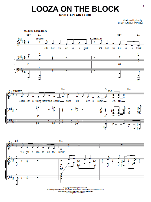 Learn to play Stephen Schwartz Looza On The Block sheet music for Piano, Vocal & Guitar Chords (Right-Hand Melody) in minutes. Price: 7.8900$ Stephen Schwartz Looza On The Block sheet music notes and chords arranged for Piano, Vocal & Guitar Chords (Right-Hand Melody)