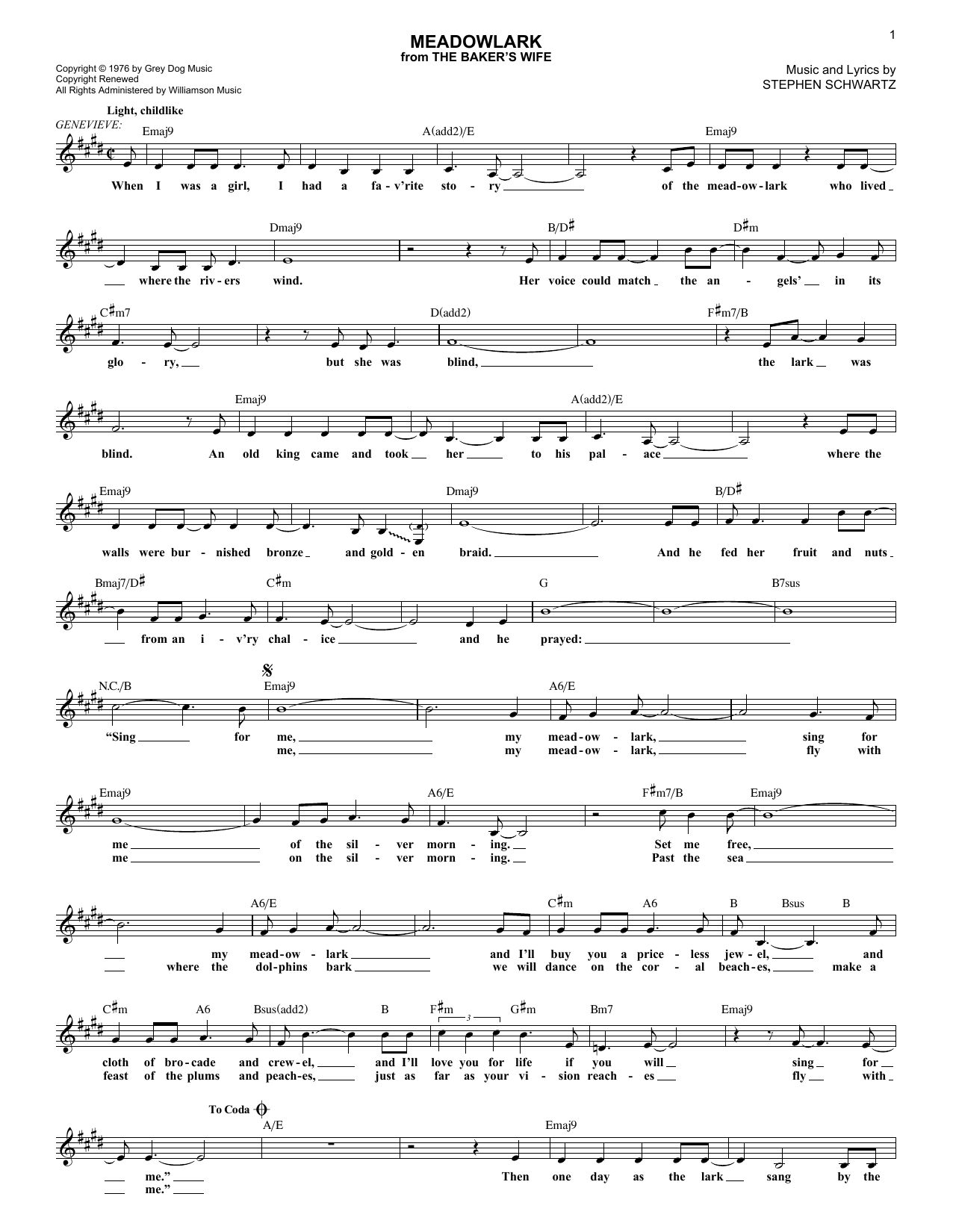 Stephen Schwartz Meadowlark sheet music notes and chords. Download Printable PDF.