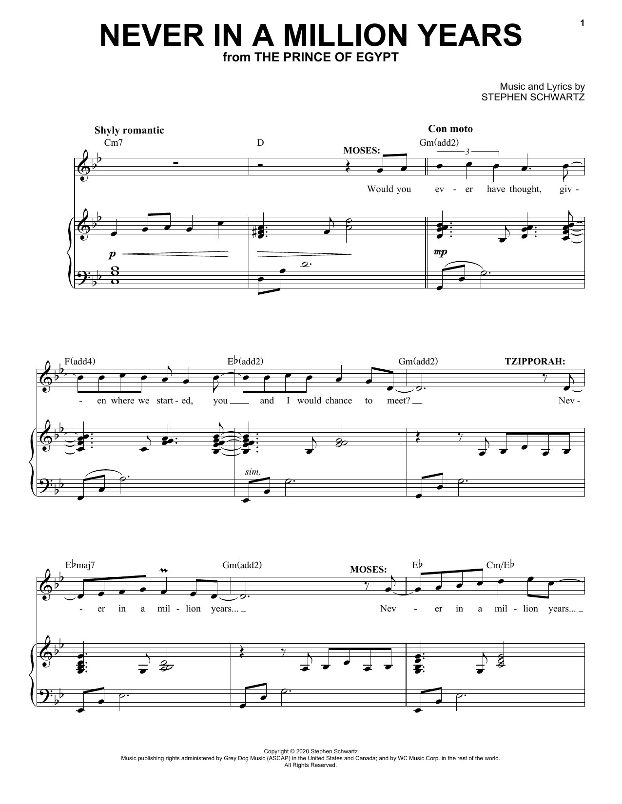 Learn to play Stephen Schwartz Never In A Million Years (from The Prince Of Egypt: A New Musical) sheet music for Piano & Vocal in minutes. Price: 7.8900$ Stephen Schwartz Never In A Million Years (from The Prince Of Egypt: A New Musical) sheet music notes and chords arranged for Piano & Vocal