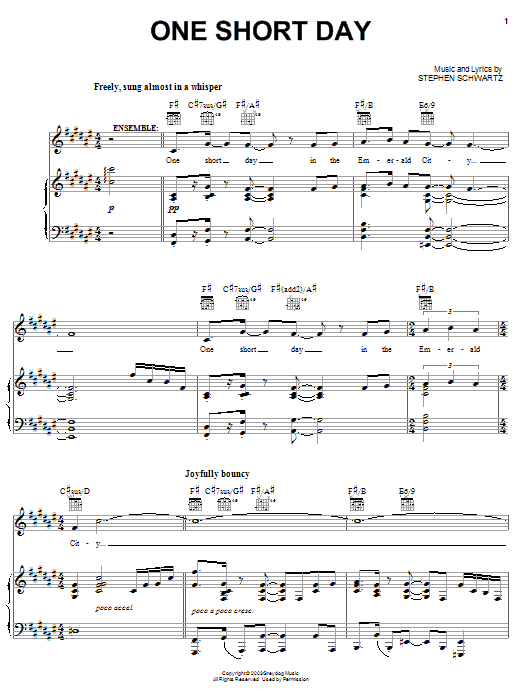 Stephen Schwartz One Short Day (from Wicked) sheet music notes and chords. Download Printable PDF.