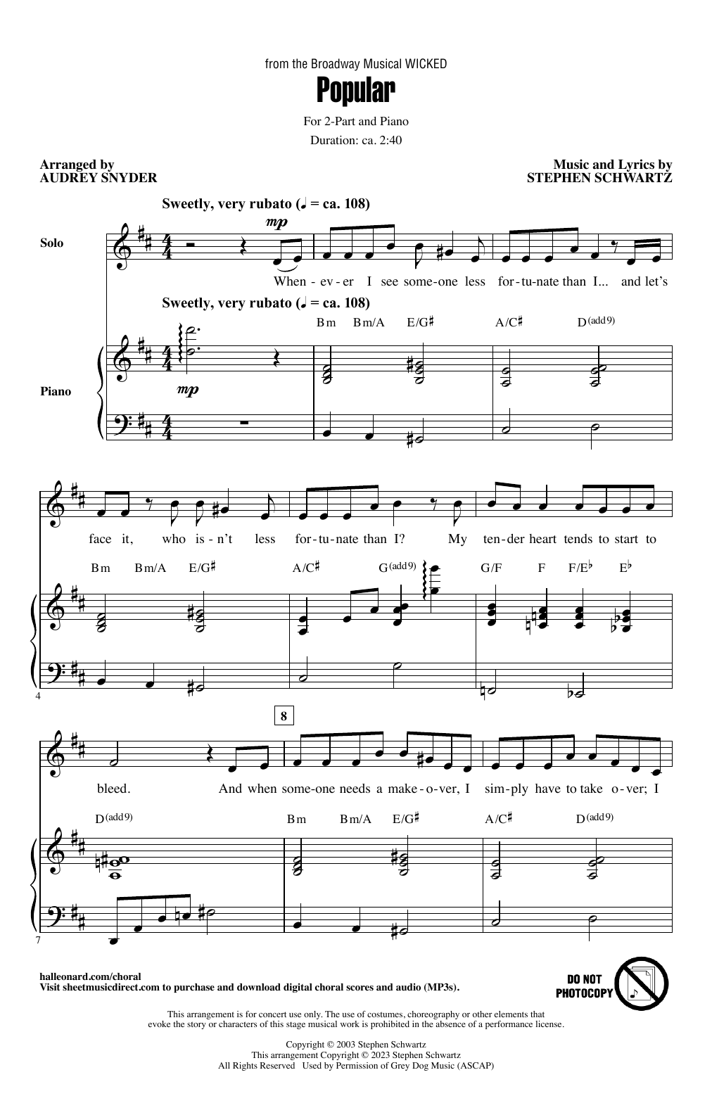 Stephen Schwartz Popular (from Wicked) (arr. Audrey Snyder) sheet music notes and chords. Download Printable PDF.