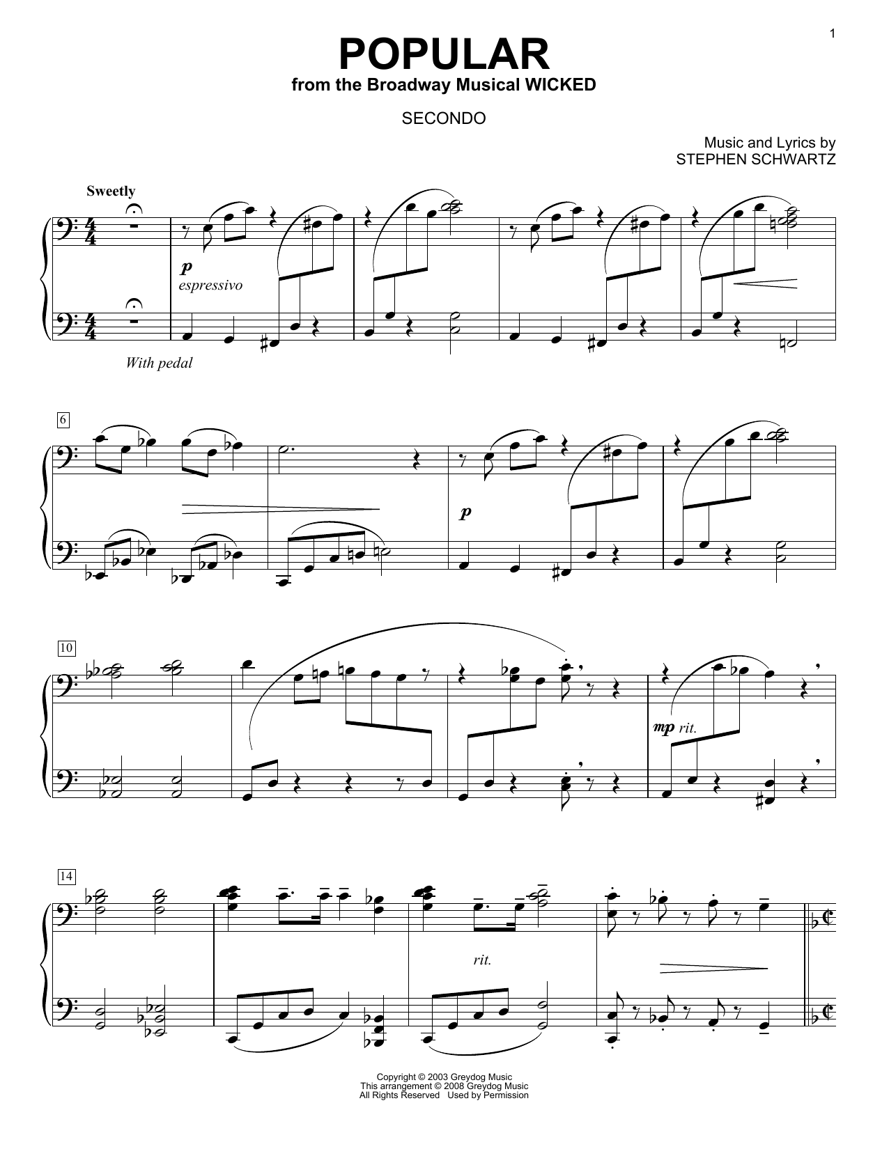 Stephen Schwartz Popular (from Wicked) (arr. Carol Klose) sheet music notes and chords. Download Printable PDF.