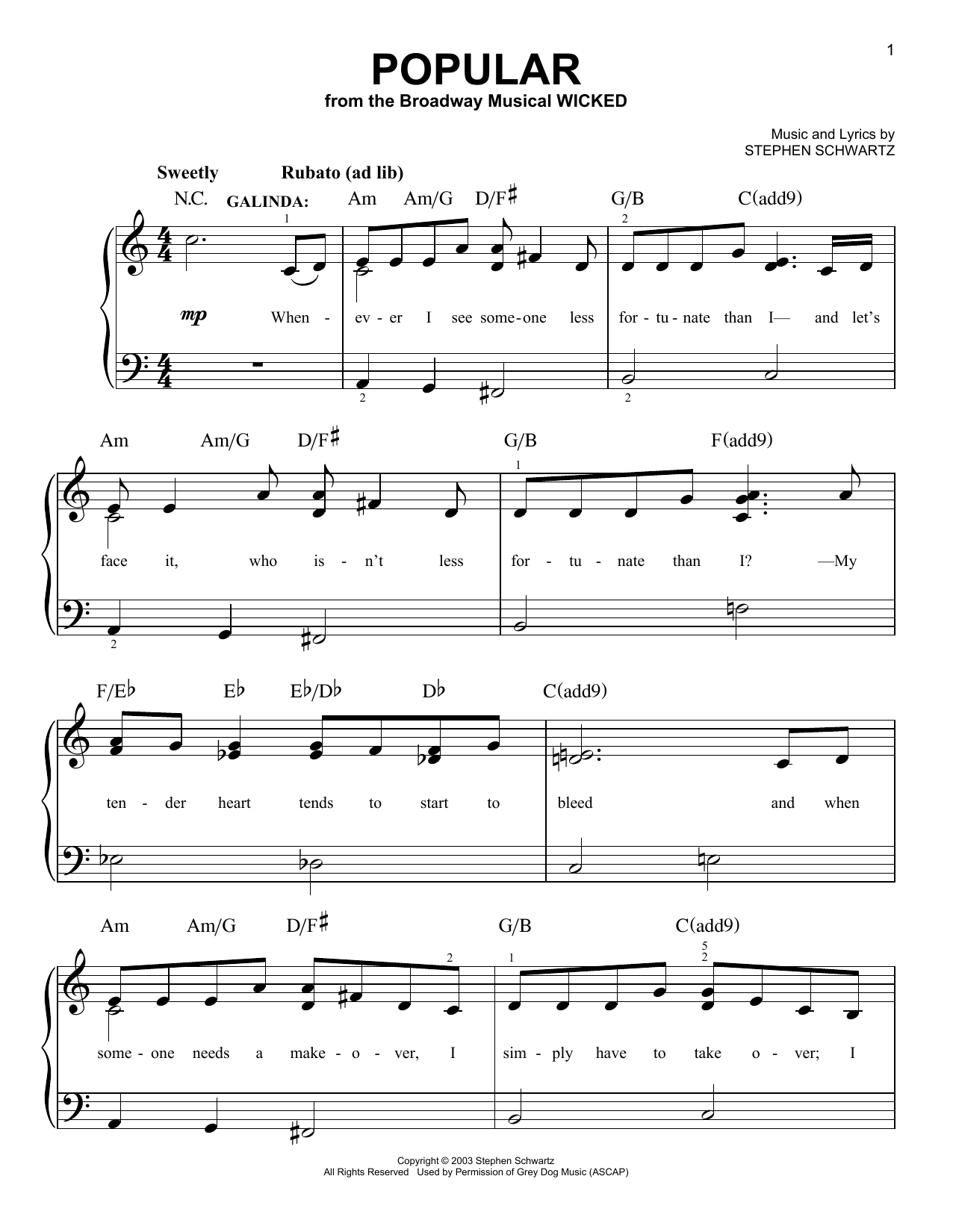 Stephen Schwartz Popular (from Wicked) sheet music notes and chords. Download Printable PDF.