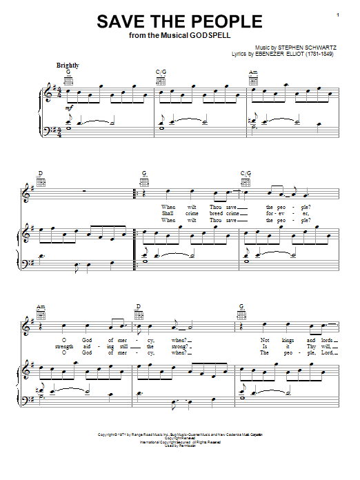 Stephen Schwartz Save The People sheet music notes and chords. Download Printable PDF.