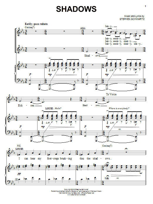 Learn to play Stephen Schwartz Shadows sheet music for Piano, Vocal & Guitar Chords (Right-Hand Melody) in minutes. Price: 7.8900$ Stephen Schwartz Shadows sheet music notes and chords arranged for Piano, Vocal & Guitar Chords (Right-Hand Melody)