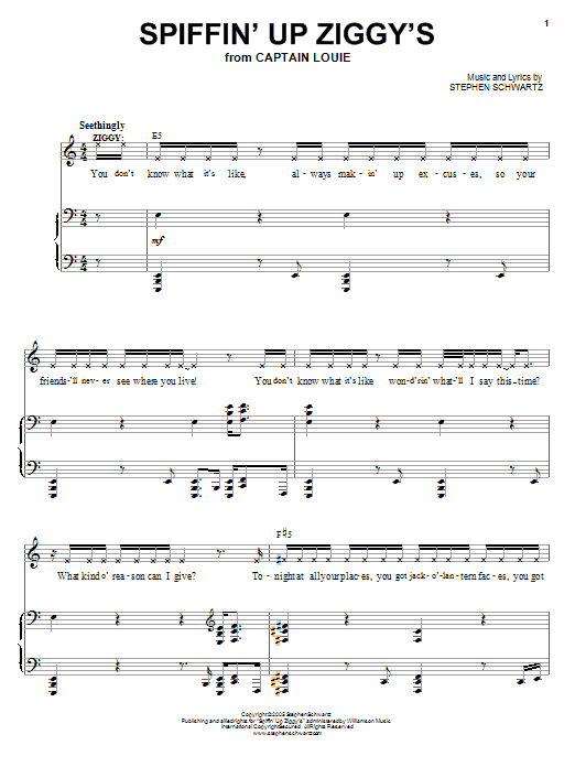 Learn to play Stephen Schwartz Spiffin' Up Ziggy's sheet music for Piano, Vocal & Guitar Chords (Right-Hand Melody) in minutes. Price: 7.8900$ Stephen Schwartz Spiffin' Up Ziggy's sheet music notes and chords arranged for Piano, Vocal & Guitar Chords (Right-Hand Melody)