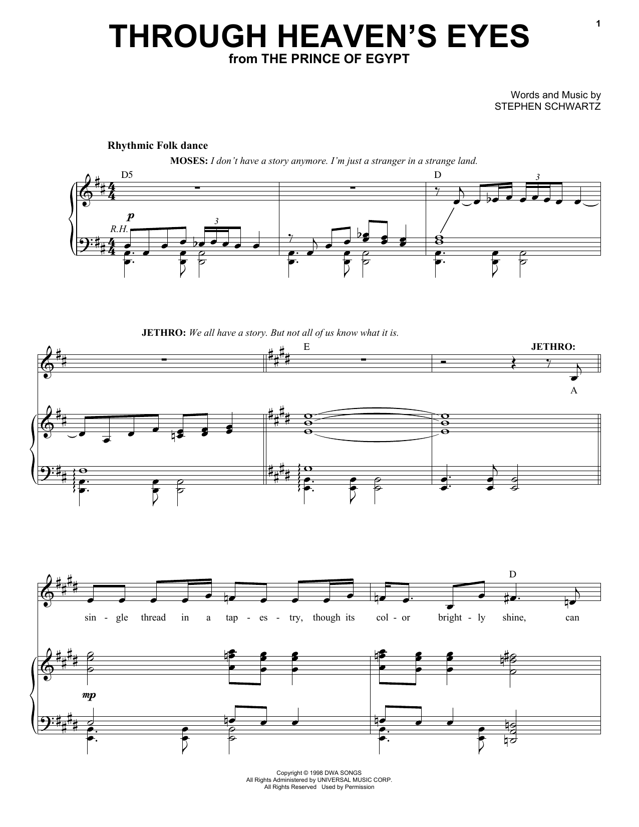 Stephen Schwartz Through Heaven's Eyes (from The Prince Of Egypt: A New Musical) sheet music notes and chords. Download Printable PDF.