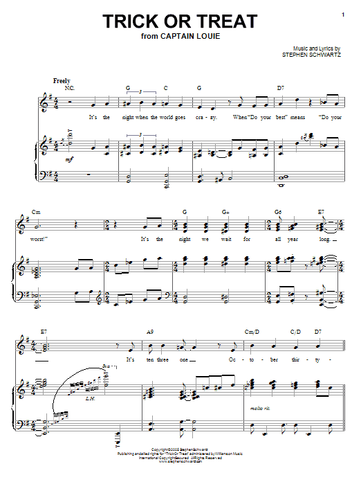 Learn to play Stephen Schwartz Trick Or Treat sheet music for Piano, Vocal & Guitar Chords (Right-Hand Melody) in minutes. Price: 7.8900$ Stephen Schwartz Trick Or Treat sheet music notes and chords arranged for Piano, Vocal & Guitar Chords (Right-Hand Melody)
