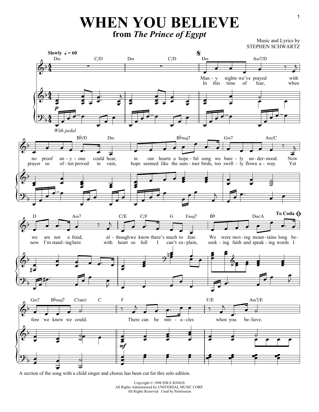 Stephen Schwartz When You Believe [Solo version] (from The Prince Of Egypt) sheet music notes and chords. Download Printable PDF.