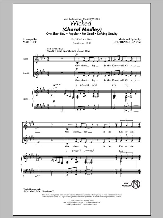 Stephen Schwartz Wicked (Choral Medley) (arr. Mac Huff) sheet music notes and chords. Download Printable PDF.