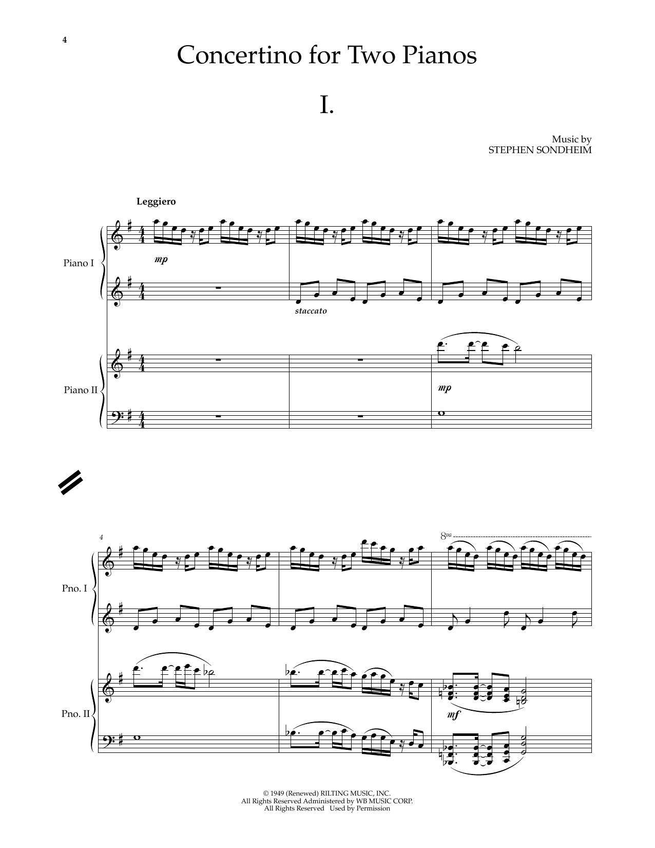 Learn to play Stephen Sondheim Concertino For Two Pianos sheet music for Piano Duet in minutes. Price: 5.9900$ Stephen Sondheim Concertino For Two Pianos sheet music notes and chords arranged for Piano Duet