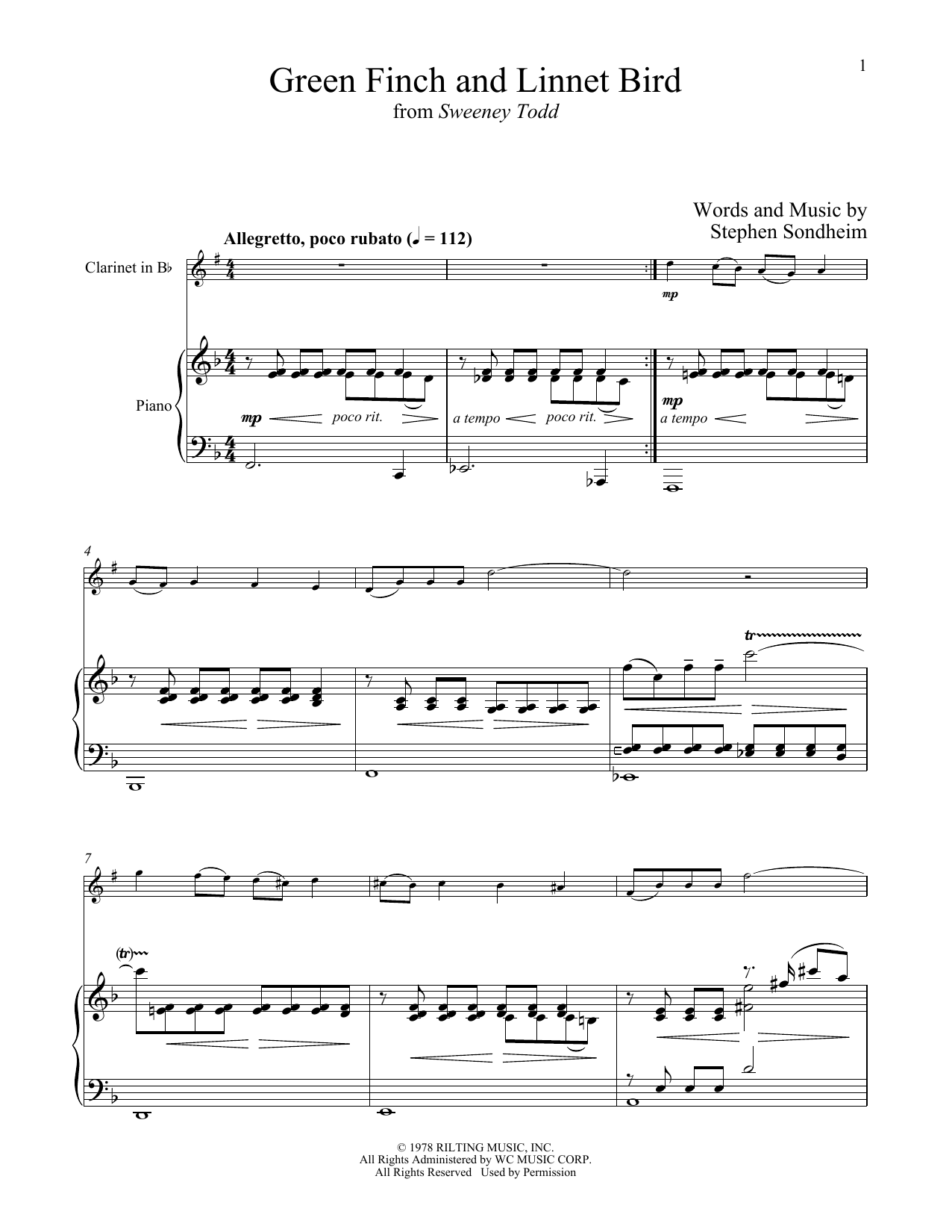 Stephen Sondheim Green Finch And Linnet Bird (from Sweeney Todd) sheet music notes and chords. Download Printable PDF.