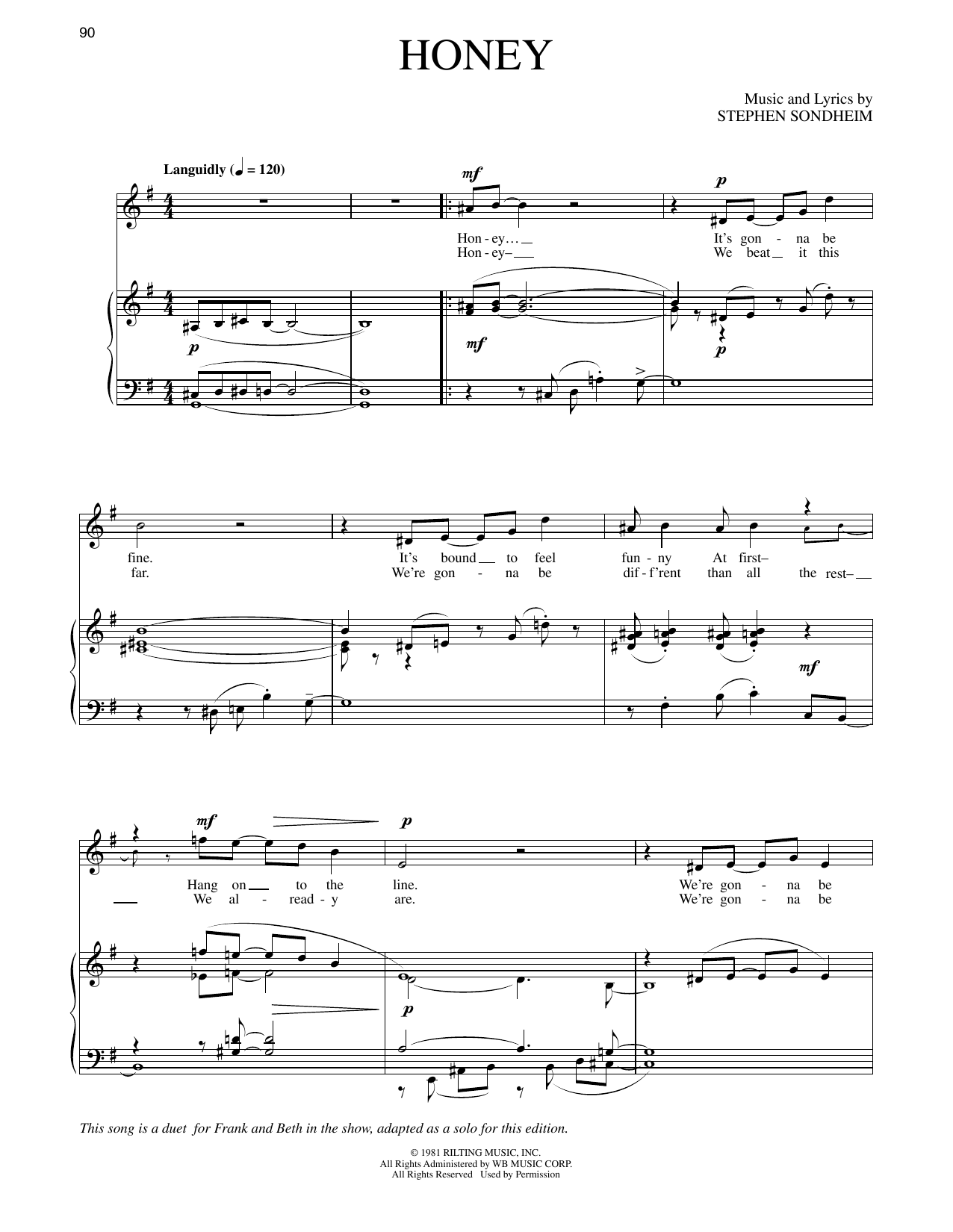 Learn to play Stephen Sondheim Honey (from Merrily We Roll Along) sheet music for Piano & Vocal in minutes. Price: 7.8900$ Stephen Sondheim Honey (from Merrily We Roll Along) sheet music notes and chords arranged for Piano & Vocal