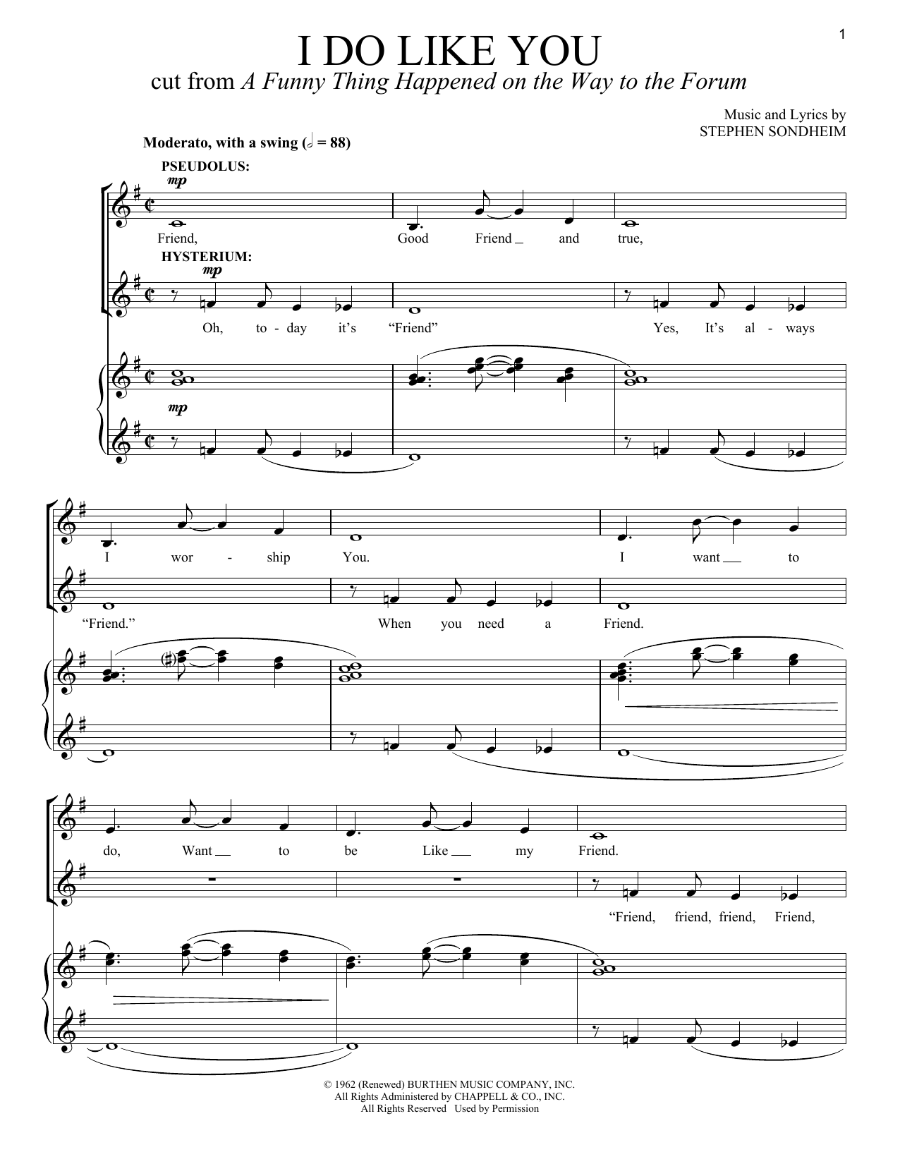 Learn to play Stephen Sondheim I Do Like You sheet music for Vocal Duet in minutes. Price: 6.9900$ Stephen Sondheim I Do Like You sheet music notes and chords arranged for Vocal Duet