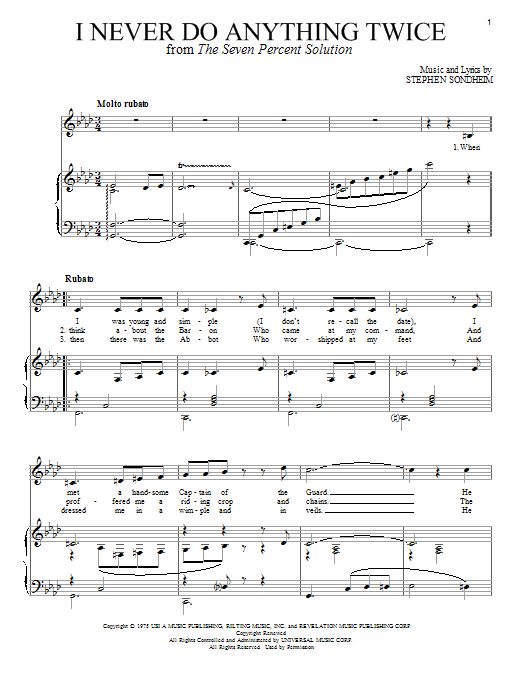 Stephen Sondheim I Never Do Anything Twice sheet music notes and chords. Download Printable PDF.