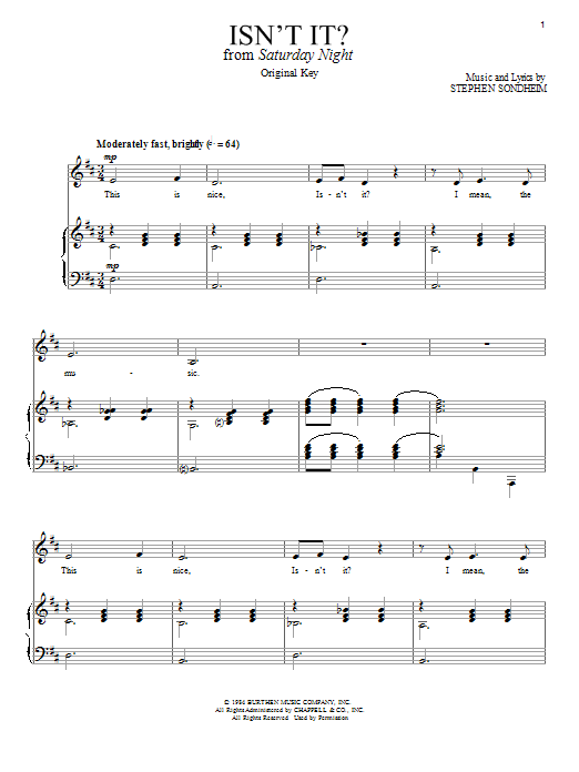 Learn to play Stephen Sondheim Isn't It? sheet music for Piano & Vocal in minutes. Price: 7.8900$ Stephen Sondheim Isn't It? sheet music notes and chords arranged for Piano & Vocal