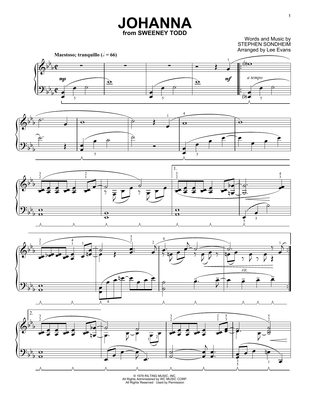 Stephen Sondheim Johanna (from Sweeney Todd) (arr. Lee Evans) sheet music notes and chords. Download Printable PDF.