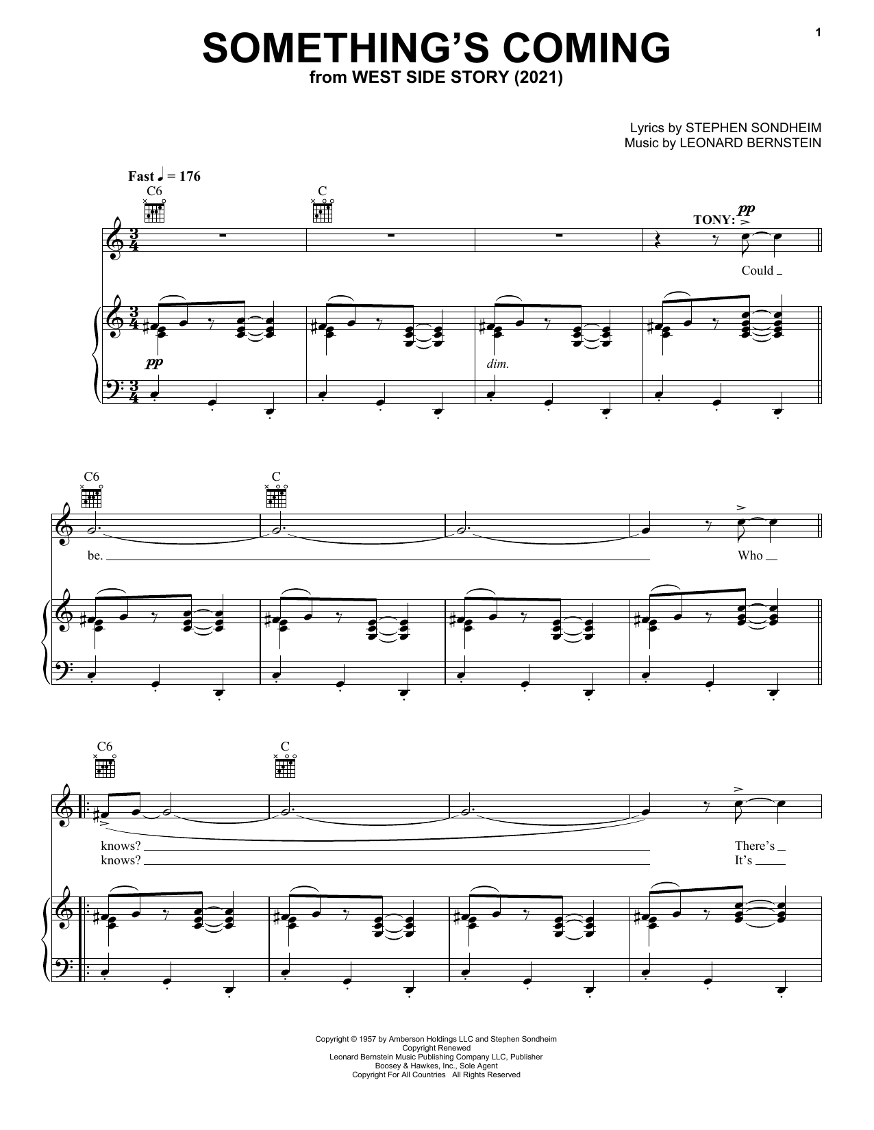 Stephen Sondheim & Leonard Bernstein Something's Coming (from West Side Story 2021) sheet music notes and chords. Download Printable PDF.