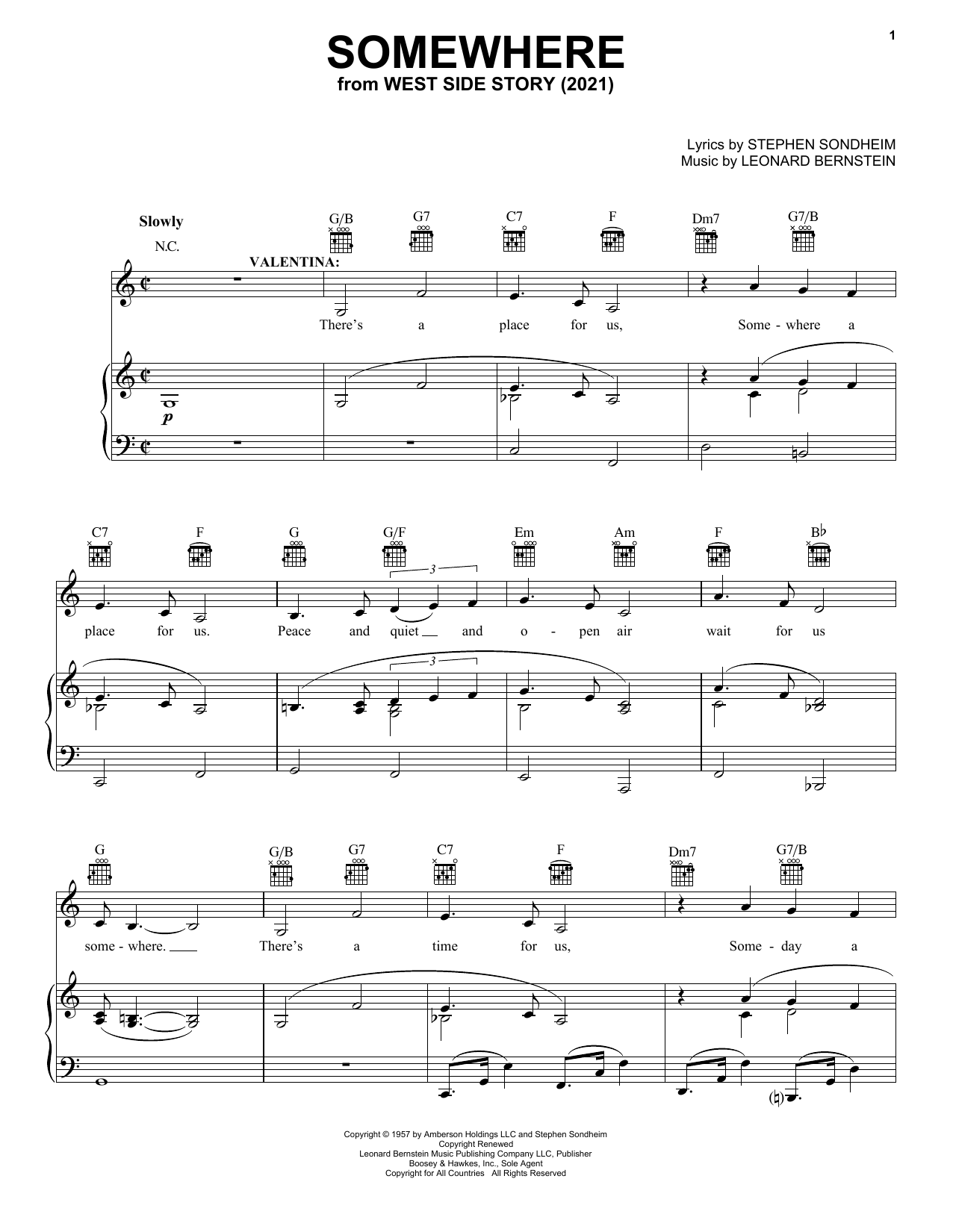 Stephen Sondheim & Leonard Bernstein Somewhere (from West Side Story 2021) sheet music notes and chords. Download Printable PDF.