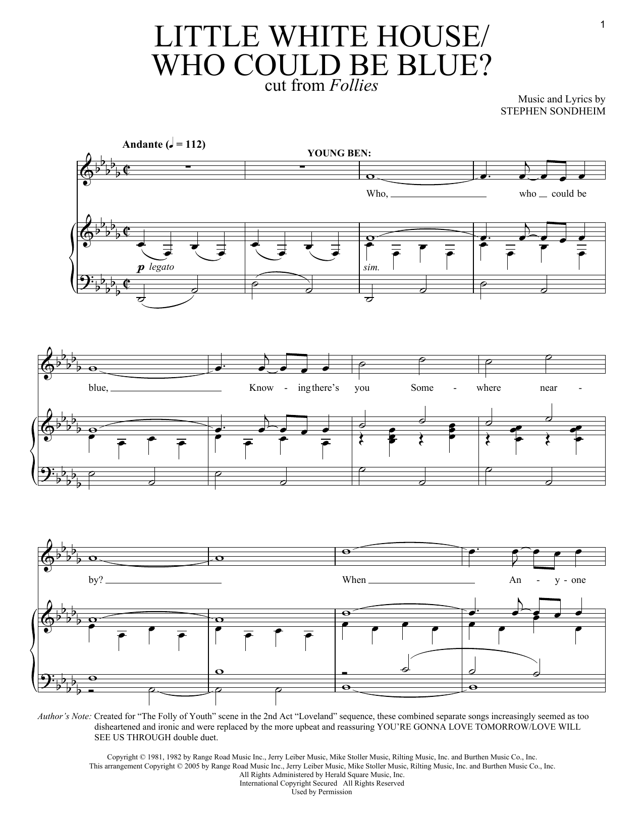Learn to play Stephen Sondheim Little White House/Who Could Be Blue? sheet music for Vocal Duet in minutes. Price: 6.9900$ Stephen Sondheim Little White House/Who Could Be Blue? sheet music notes and chords arranged for Vocal Duet