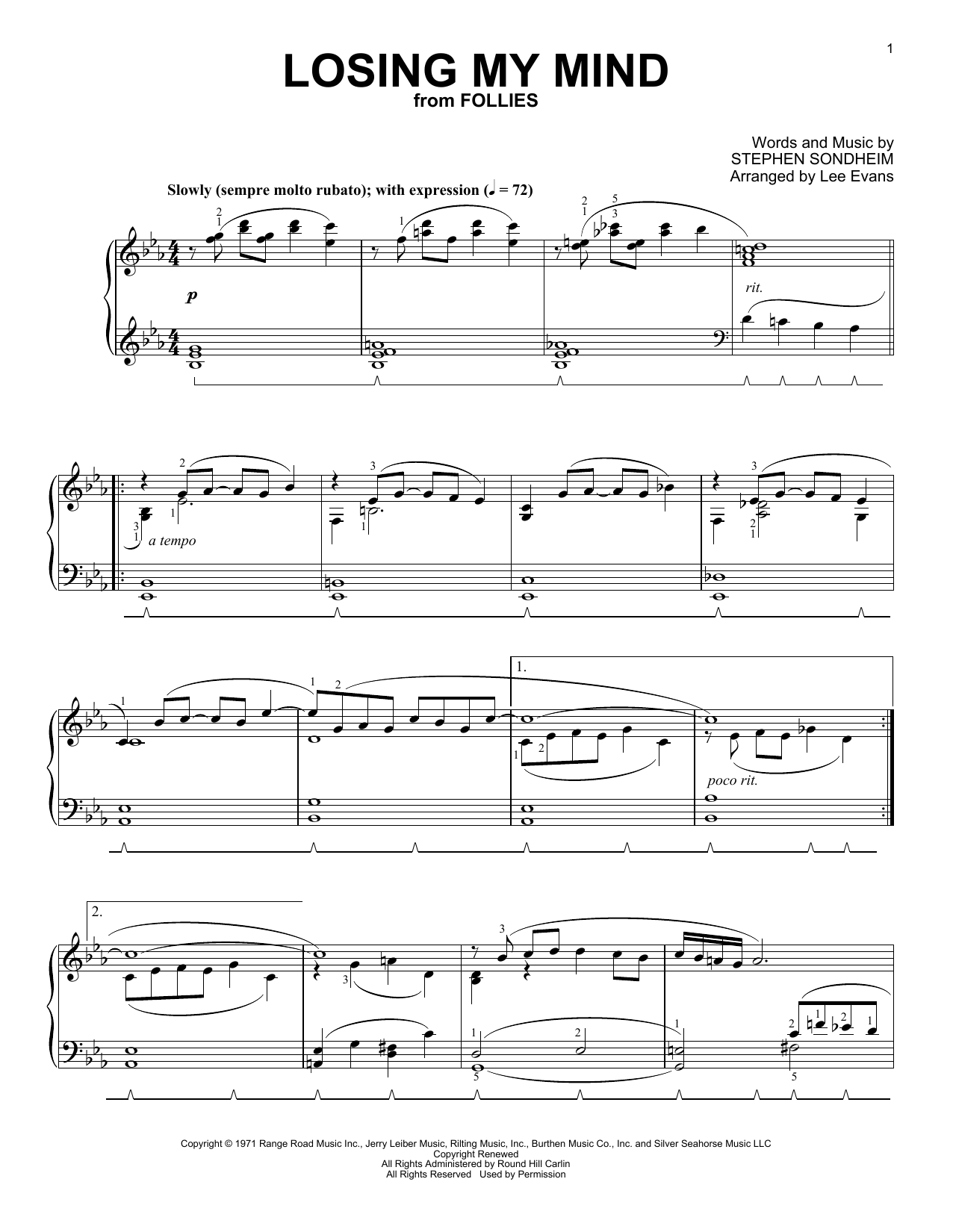 Stephen Sondheim Losing My Mind (from Follies) (arr. Lee Evans) sheet music notes and chords. Download Printable PDF.